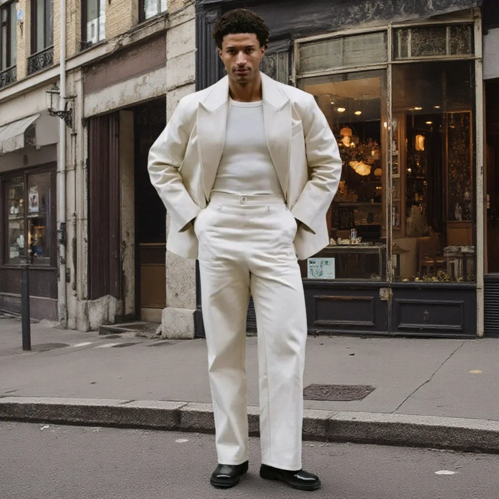 

Модный terno masculino, белый свободный мужской костюм из двух предметов (куртка + брюки), наряды с пиковыми лацканами, шикарный повседневный комплект для выпускного вечера, свадьбы