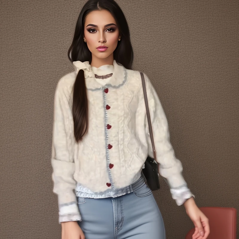 

Autumn and Winter Fashion Women's Clothing Love Button Lapel Long-sleeved Sweater Elegant Loose Cardigan Knitwear Casual Top
