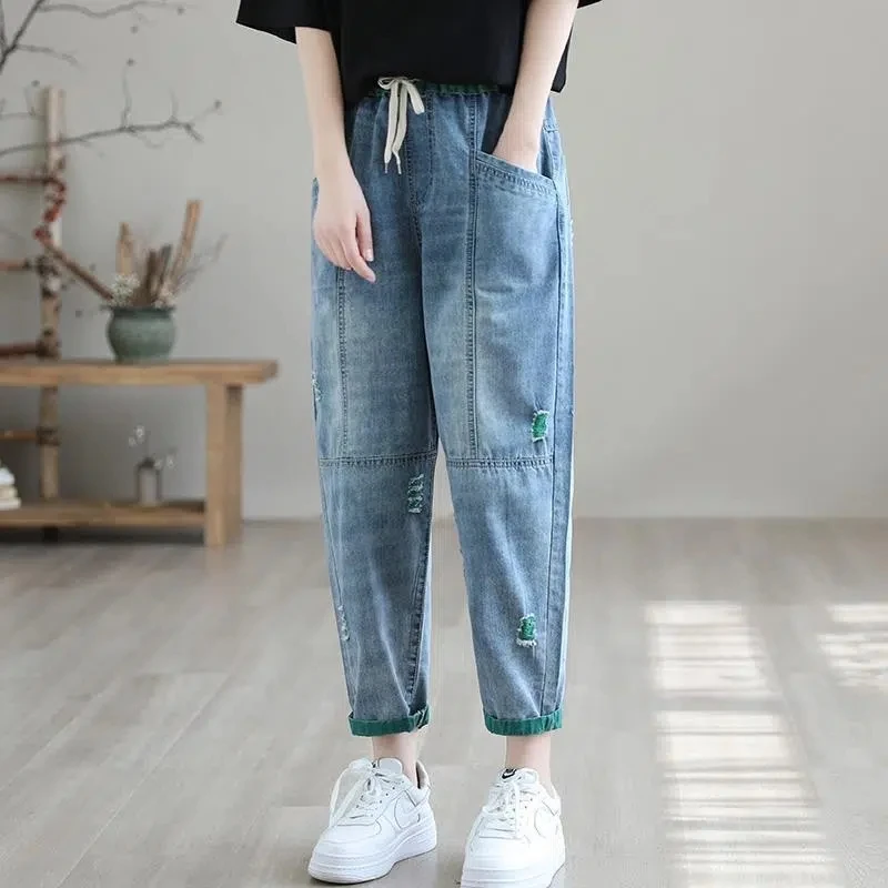 Jean sarouel déchiré pour femme, pantalon en denim à longueur de rinçage, streetwear baggy coréen, design décontracté, nouveau pantalon à lacets