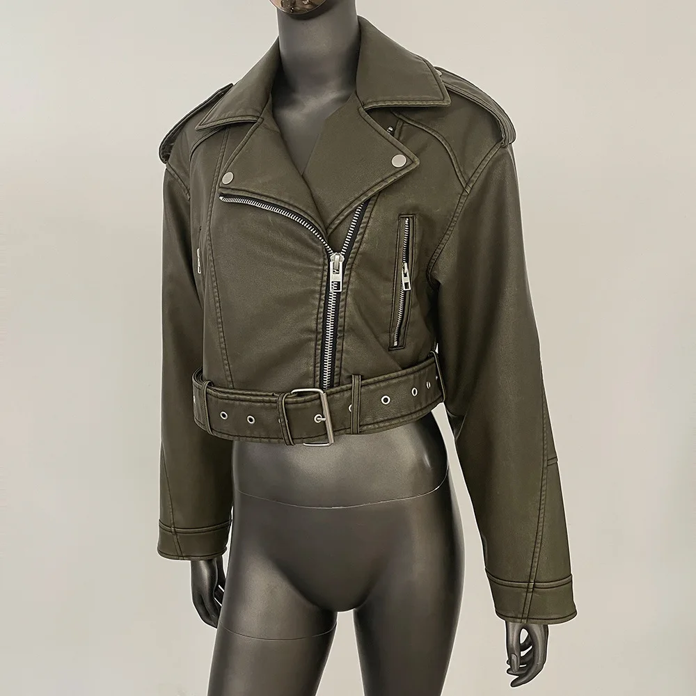 New Spring Autumn Women Moto Biker Faux Leather Jacket Streetwear Female Loose Zipper Belt Coat Outwear