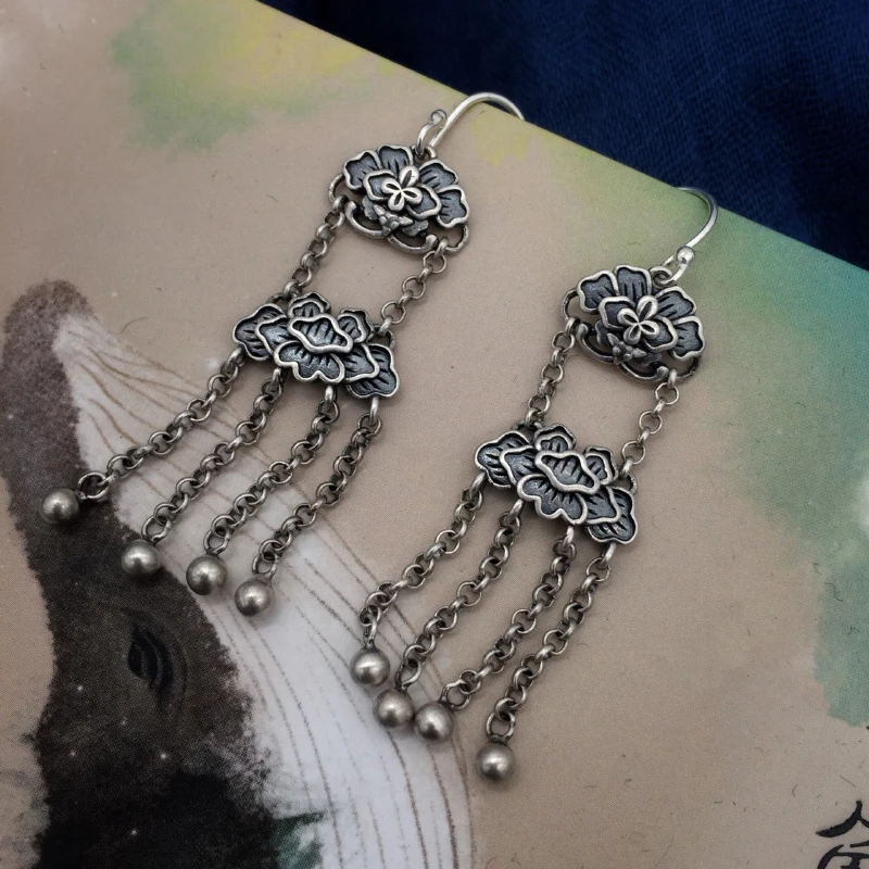 Vintage Thai silver tassel flower design drop earrings for women Chinese style unique art ethnic style ladies jewelry
