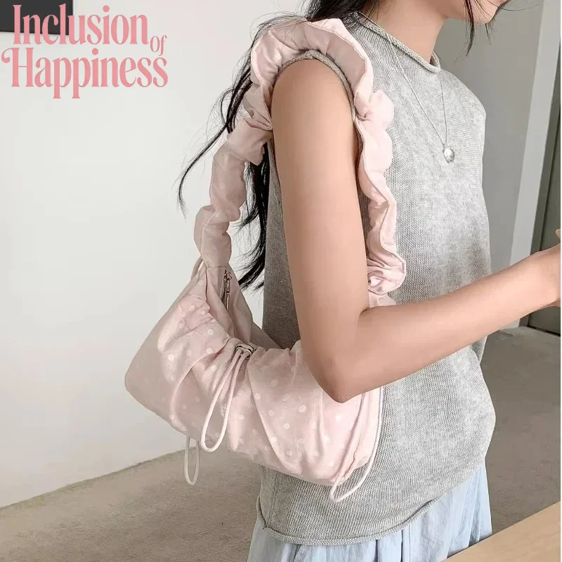 

Wave Point Pleated Drawstring Shoulder Bag Sweet And Cool Crossbody Bag Women's Fashionable Versatile Large Capacity Tote Bag