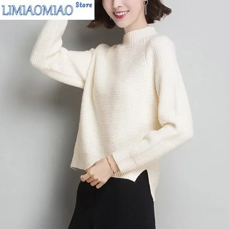 

Women Autumn Winter Solid Color Plush and Thicken Sweaters New High-quality Long Sleeve Mock Neck Split Fork Knitting Bottoming