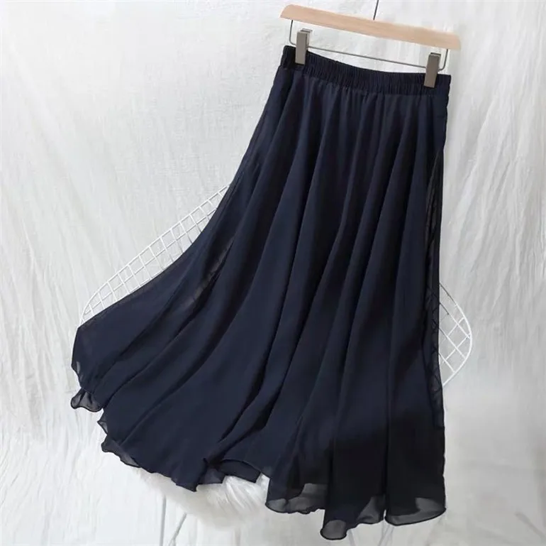 2024 Spring Autumn Fashion Women High Waist Pleated chiffon Skirt plus size skirt Black Pink blue long maxi skirt female clothes