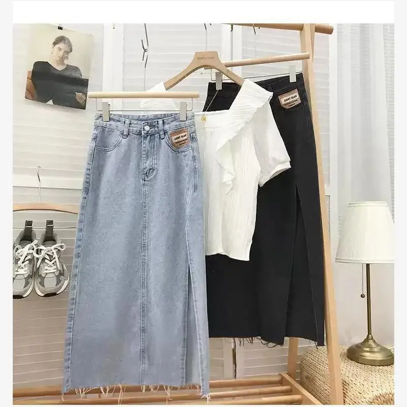 Jupes longues en jean trapèze taille haute pour femmes, Sexy, avec kets, pour les déplacements, couleur Pure, pour jeunes femmes, été 2023