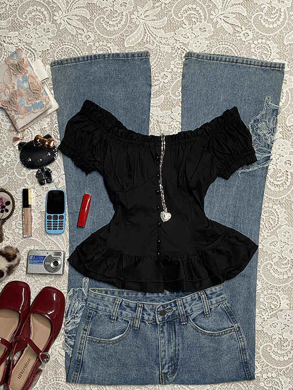 

Original Bla Wood ain One oulder ort Sve irt Women's Summer Vintage Vintage Top Faion Set Student orm