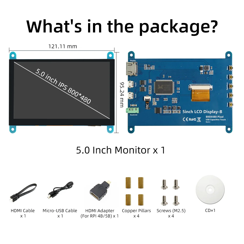 หน้าจอ LCD HDMI 5นิ้วหน้าจอสัมผัสความจุ800*480สำหรับ Raspberry Pi 5 4B 3B 3B 2B B + B 3A + A + ZERO W