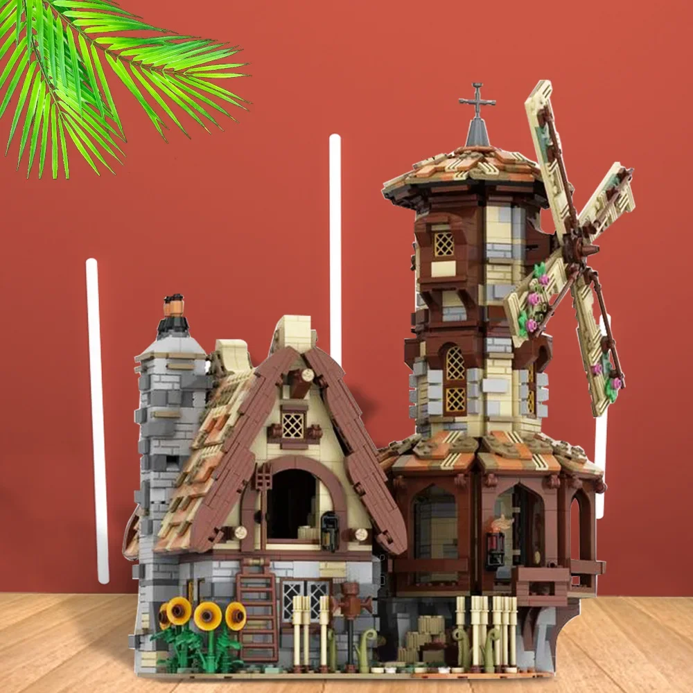 MOC Medieval Windmill Mill Architecture Building Block set Rural Street View Forest Windmill House Education Brick for Kids Toys