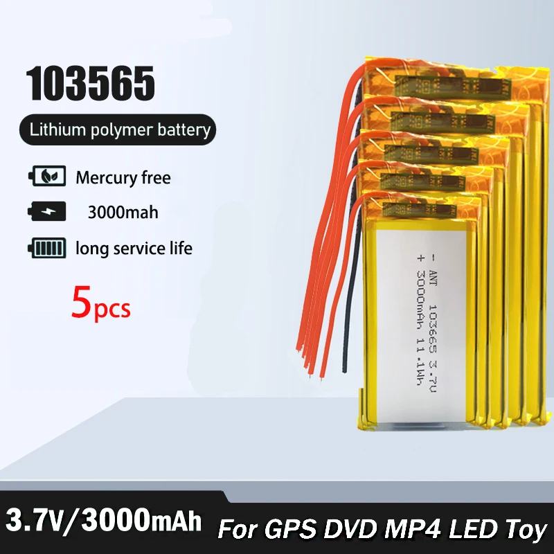 5pcs 103665 Battery 3.7V 3000mAh Polymer Lithium Rechargeable Battery For Gps Bluetooth Speaker LED Light Driving Recorder PSP