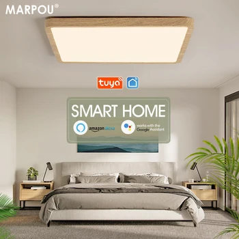 MARPOU 스마트 LED 천장 램프, 나뭇결 앱 음성 제어, 알렉사, 구글 리모컨, 사각형 천장 조명, 거실 CCT