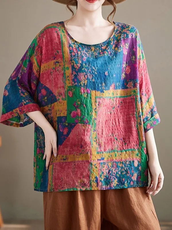 

Casual Vintage Printed Loose Fit Mid-aged Women's T-shirt Summer New round Neck Short Sleeve Large Size Comfortable Top