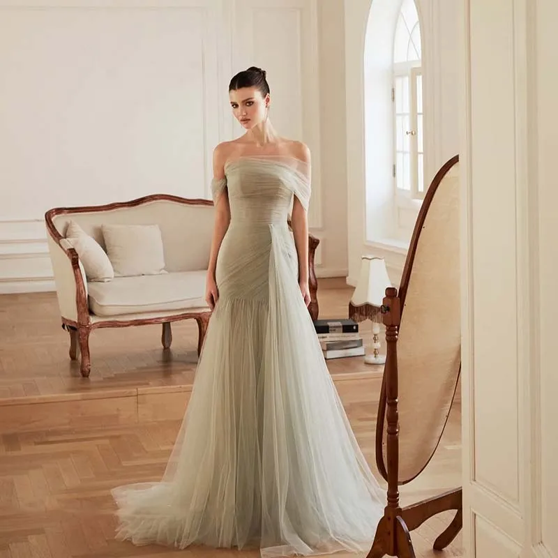 

L541 Customized Off The Shoulder Tulle Pleats vestidos de fiesta فساتين سهره evening dresses
