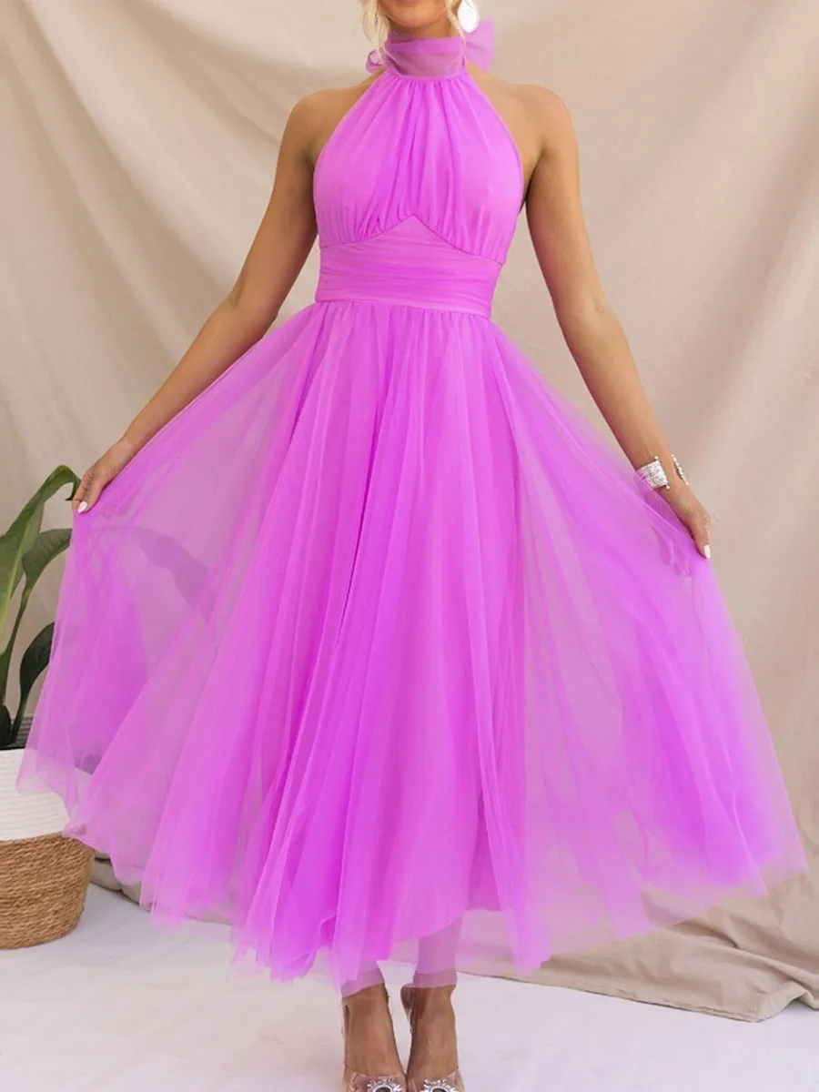 New Womens Backless Long Dress Adjustable Tie Halter Neck Tulle High Waist Solid Party Wedding Dress S-XL - Image 4
