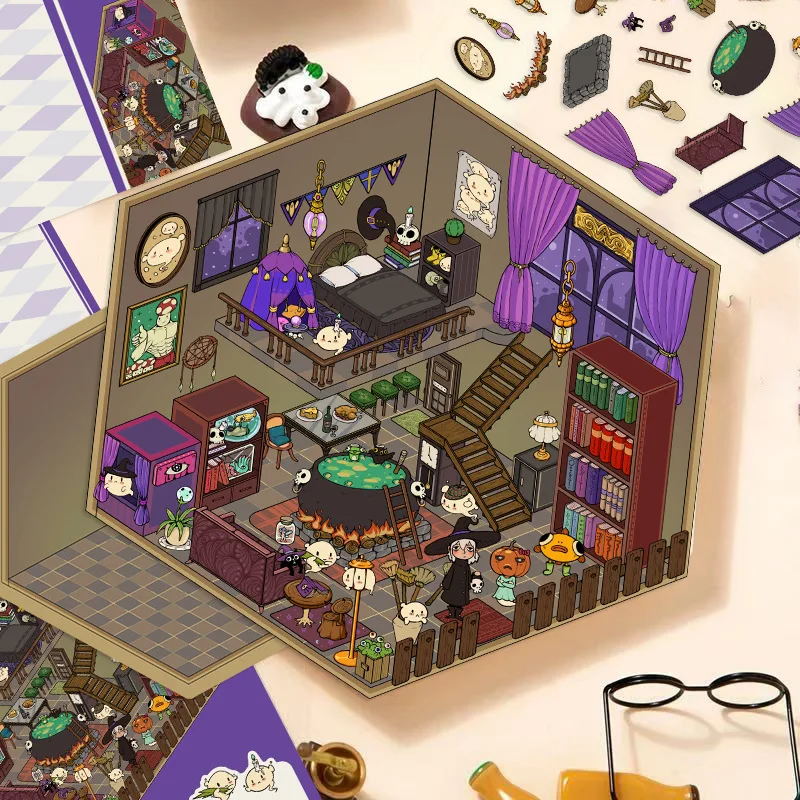 Cute Miniature World 3D Landscaping Stickers DIY Handmade Simulation Cabin Stacking Stickers Cartoon Cabin Scene Stickers