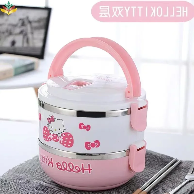 Hello Kitty กล่องอาหารกลางวันถุงอาหารกลางวัน Kawaii แบบพกพาสําหรับโรงเรียนเด็กปิคนิคกล่อง Bento กล่องอาหารพร้อมช่องภาชนะเก็บ