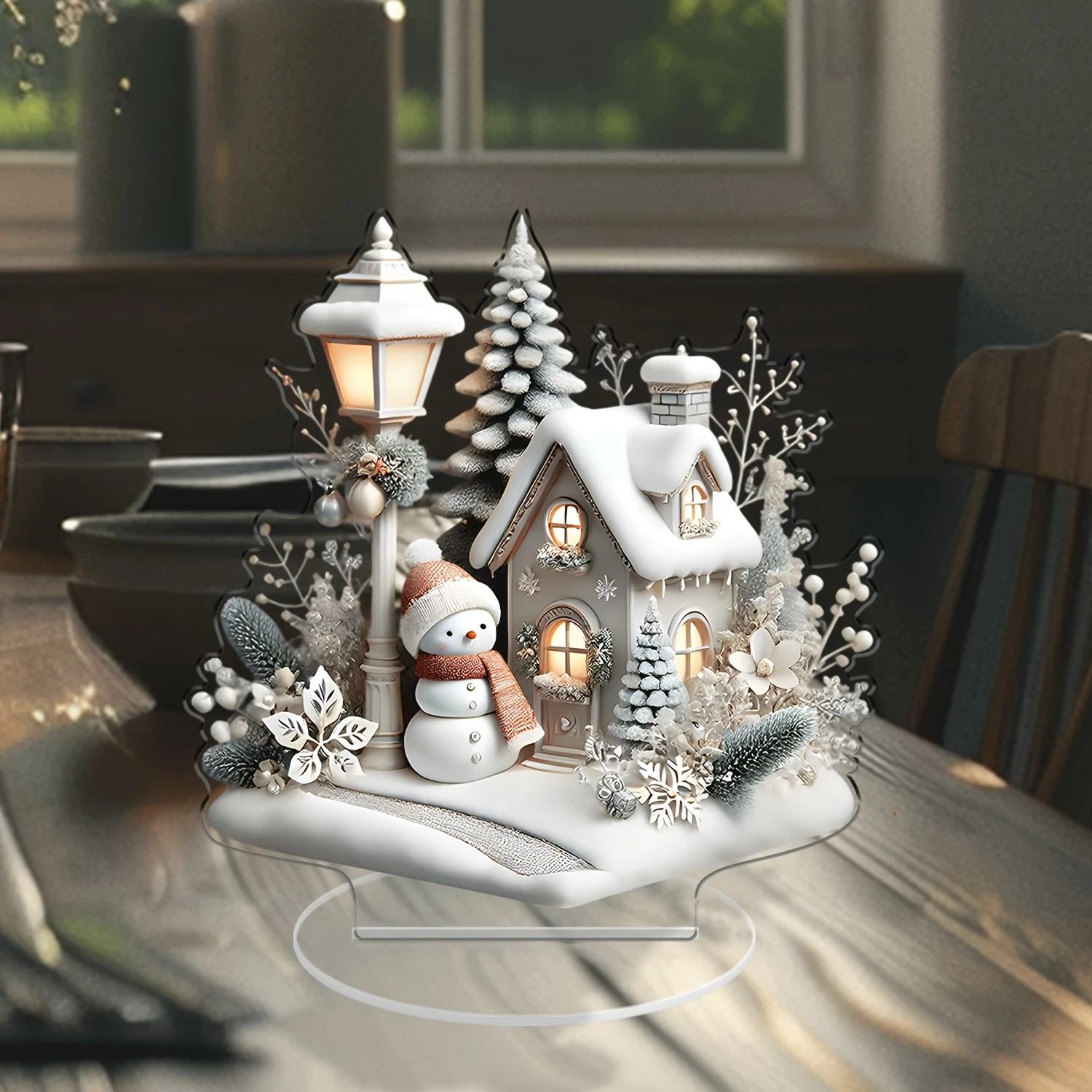 2D White Snow Scenery Christmas House Tree Acrylic Ornaments Base-Mounted Tabletop Home Office Attractive Festival Decor Gifts