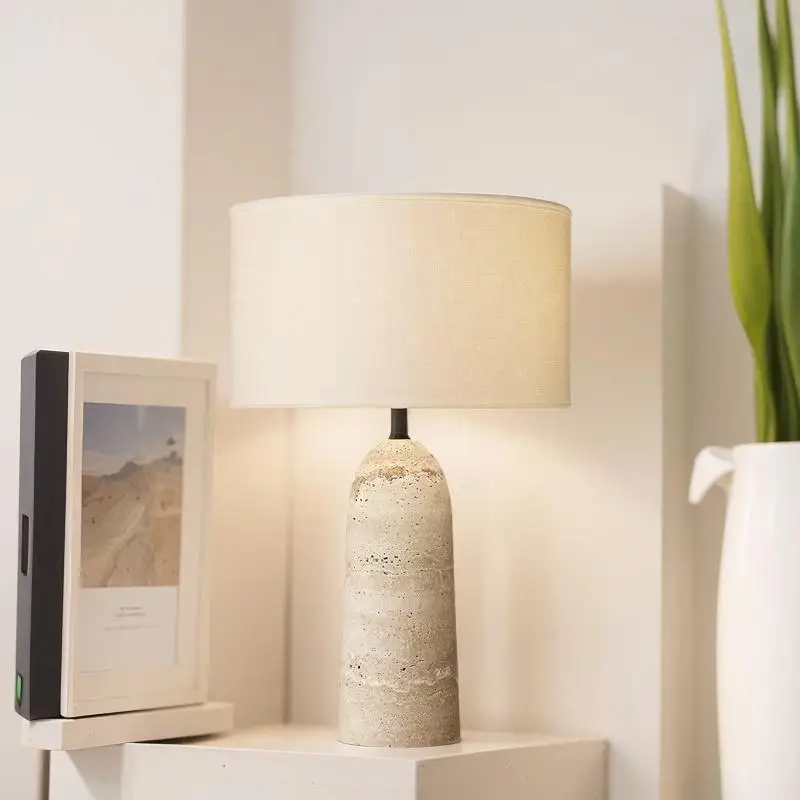 Japanese Wabi-Sabi Yellow Travertine Base LED Table Lamp with White Fabric Lampshade for Living Room Bedroom Restaurant Office D