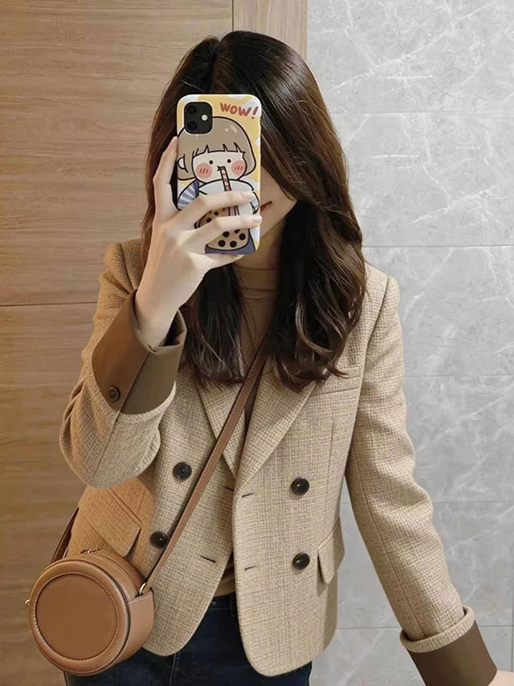 

Retro Commuter Style Khaki Women's Suit Jacket Elegant Spring New Arrival Top Short Outerwear Standard Fit Long Sleeve