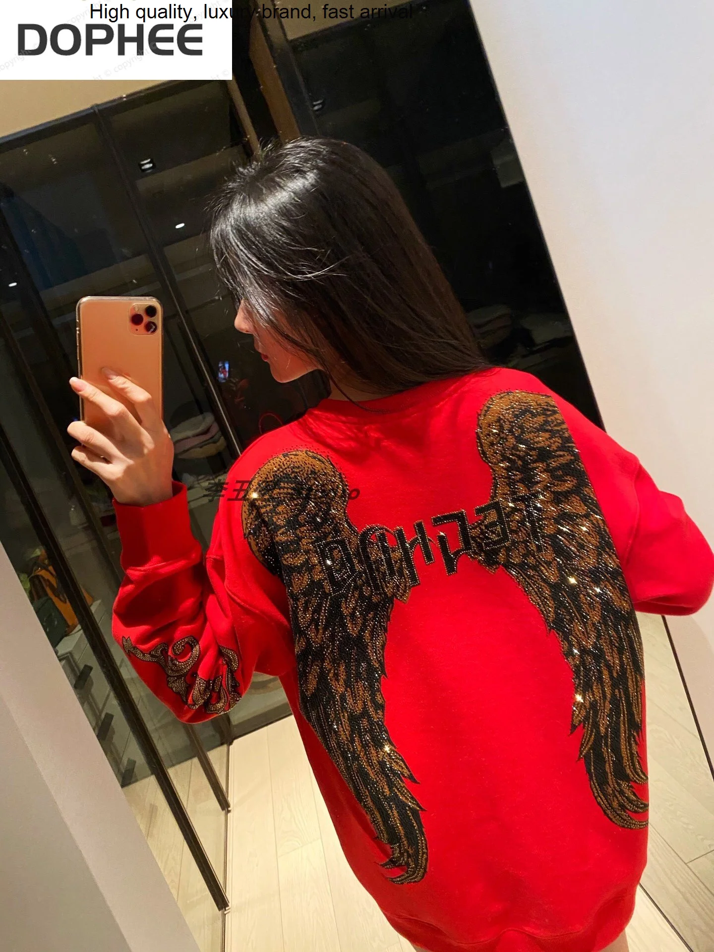 Hot Drilling Luxury Front and Back Big Wings Loose Women Sweatshirt Unisex Round Neck Oversize Top Streetwear Red Hoodie Sweater