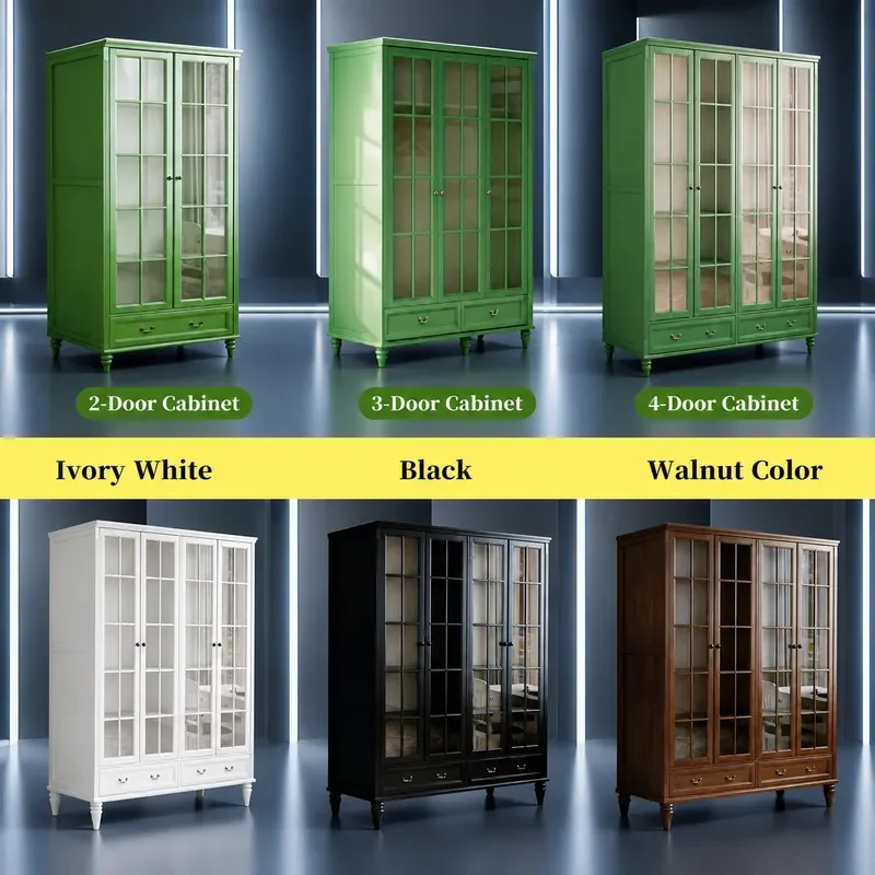 American Solid Wood 4 Door Wardrobe Retro Green Large Capacity Glass Door Finished Closet Customizable for Home Use