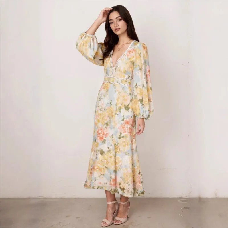 

Elegant Long Sleeved Lace Long Skirt Spring Autumn Women's Clothing Slim Fit Sexy V-neck Fashionable Printed Medium Length Dress
