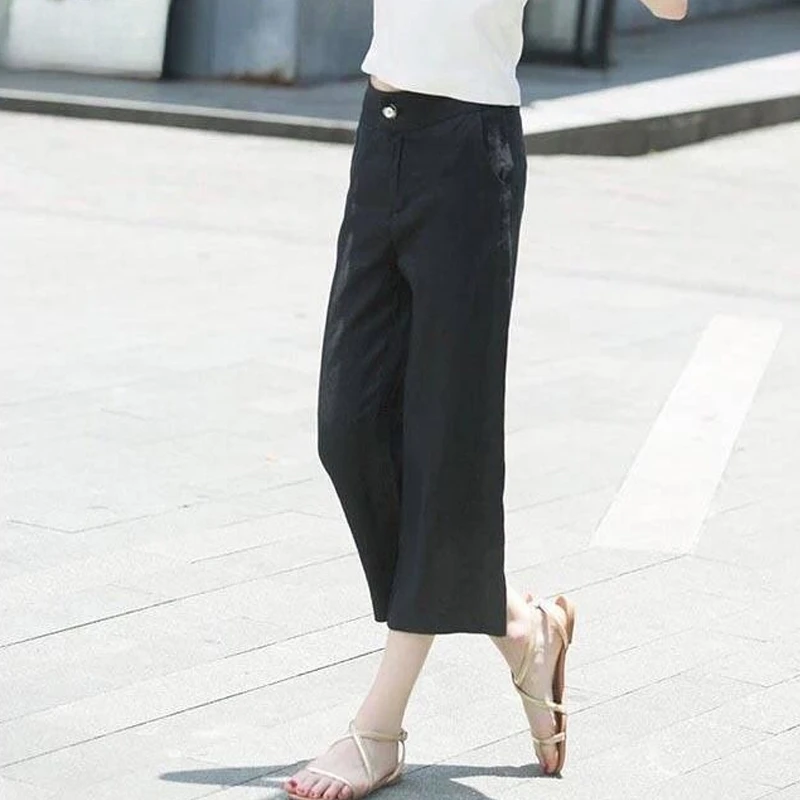 Calf-length Pants Button Pockets Zippers Women's Clothing Thin Loose Wide Leg Solid Color Casual Elegant Straight Simple Z460