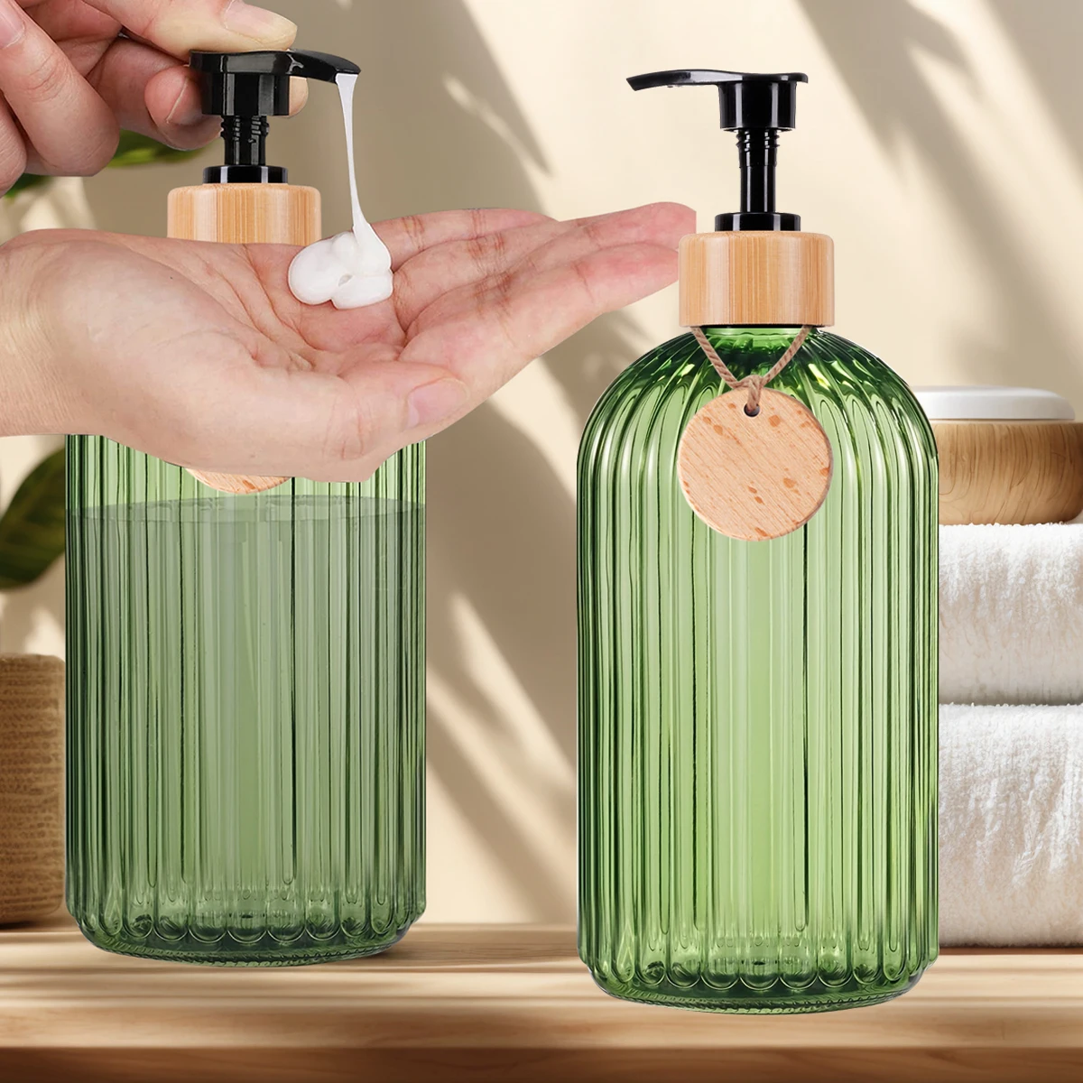 Green Bathroom Shower Soap Bottles with Empty Tag Refillable Shampoo Conditioner Bodywash Container Bottle Home Apartment Decor