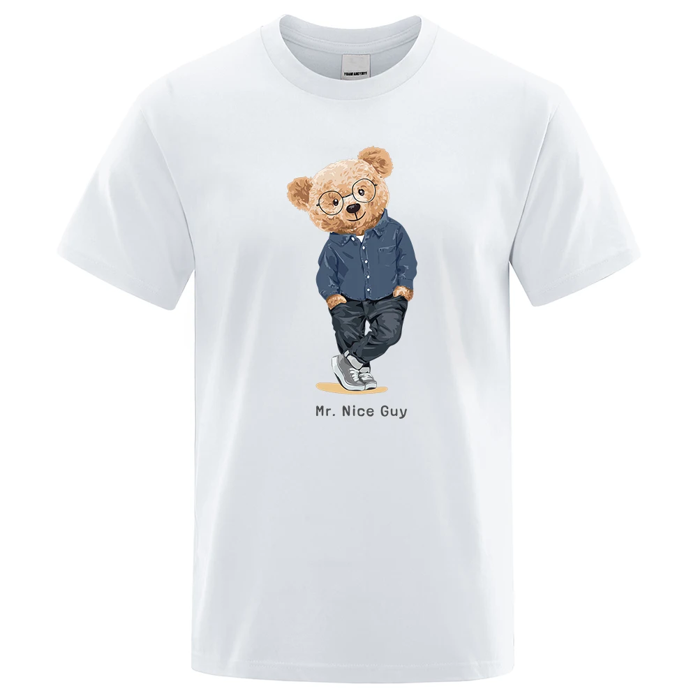 Gentleman Mr. Ted Bear Nice Guy Prints Men Short Sleeve Street Cotton T-Shirts Loose Oversized Clothing Casual Breathable Tees