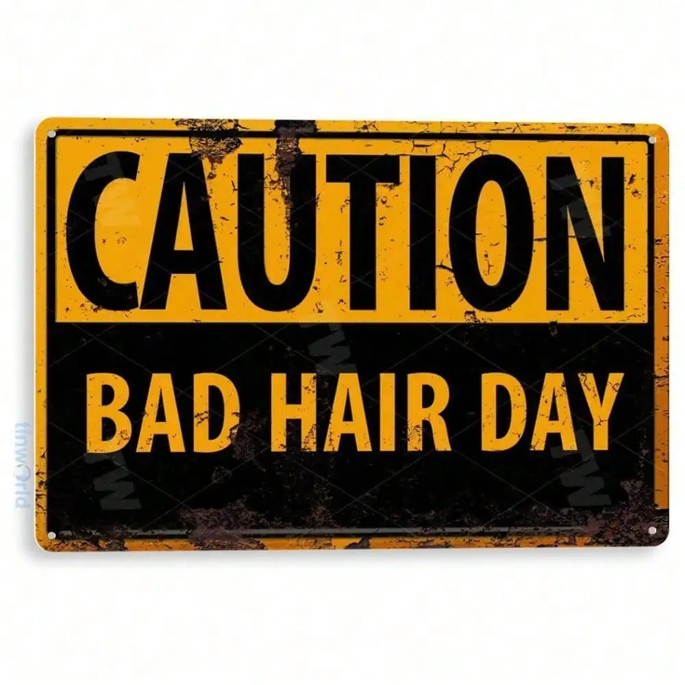 CIFBUY Hair Caution Bad Hair Day Metal Sign, Retro Tin Poster Funny Wall Art for Salon Barbershop, Humorous Gift A814