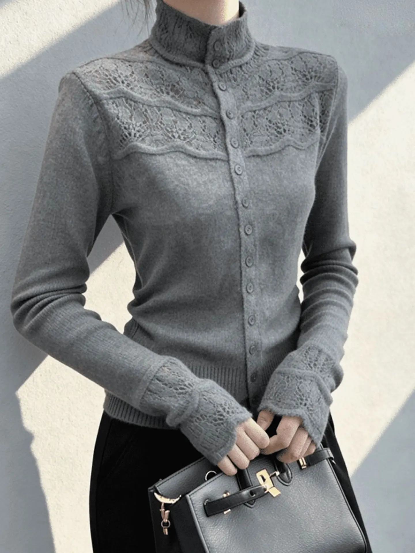 

Comfortable Knitted Long Sve Pure Color Lace Hollow out Women's Top Winter Warm Casual Sle Commute Suitable Knitwear