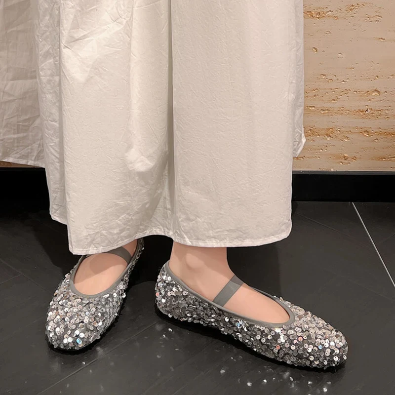 JOZHAMTA Size 34-43 Women Sparkly Glitter Ballet Flats Shoes Soft Sequin Low Heels Shoes 2025 Spring Dance Bling Bling Ins Dress