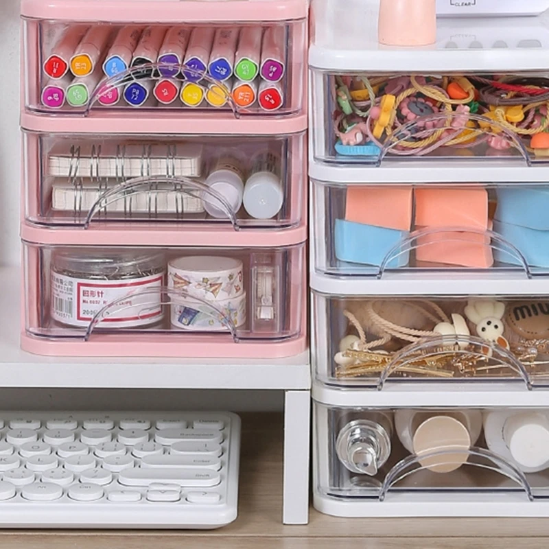 منظم مكتب صغير قابل للتكديس لتخزين سطح المكتب وأدراج تخزين سطح المكتب الشفافة ومنظمات المكياج صندوق تخزين بلاستيكي