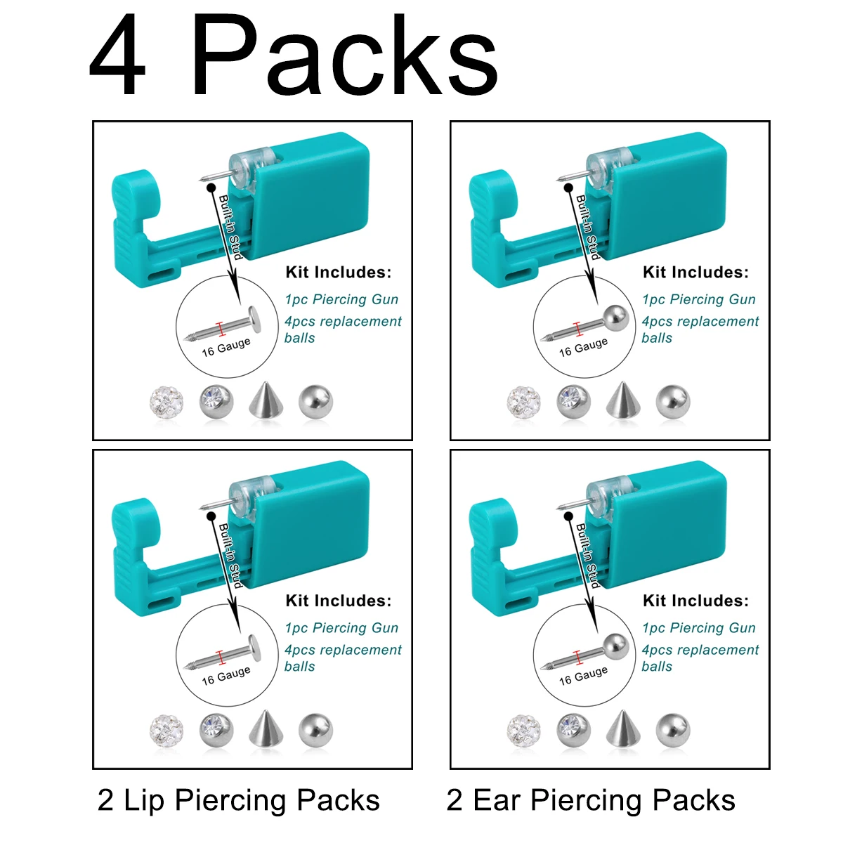 1–4 Stück Lippen-Ohrknorpel-Piercing-Pistole, Werkzeug-Set, Lippen-Bolzen, Labret-Knorpel, Tragus, Helix, Daith, Piercing-Werkzeug mit Raplace-Kugel, 16 g