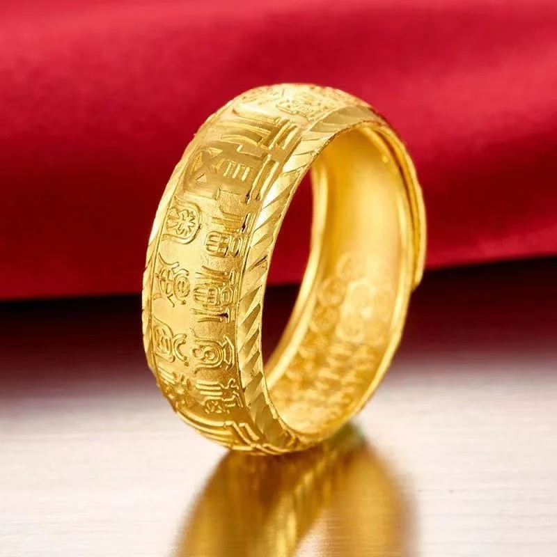 Genuine Pure Plated Real 18k Yellow Gold 999 24k for Men and Women Baifu Atmosphere Ancient Method Inheritance Ring with Blessin