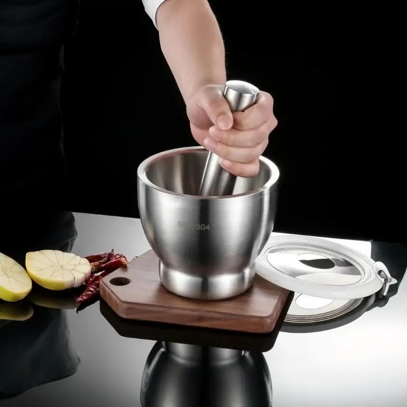 Stainless Steel Mortar and Pestle Grinder with Lid Non-Slip Grip Food Grade Pill Crusher for Home Chef Cooking Herb Grinding
