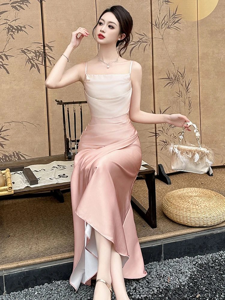 Summer Lady Beach Holiday Evening Dress Women Clothing Sweet Chic Sexy Strap Folds Slim Maxi Party Birthday Vestidos Fiesta Robe