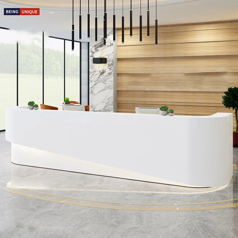 u shape 3 person white beauty salon led light solid surface curved reception desk