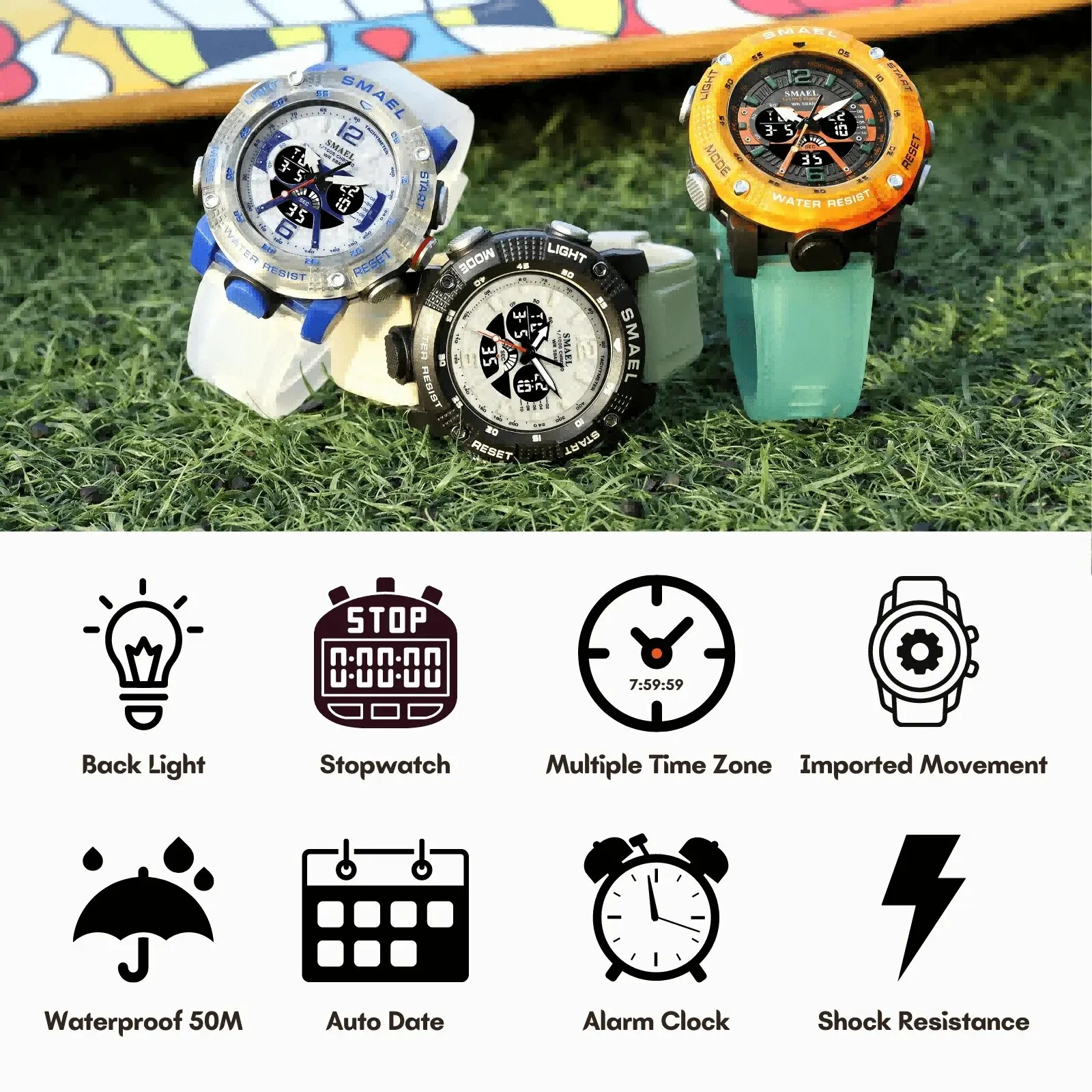 2023 New Sport Watches Men SMAEL Waterproof Analog Digital Quartz Wristwatches Male Fashion Stopwatch Alarm Clock 8058 Man Watch