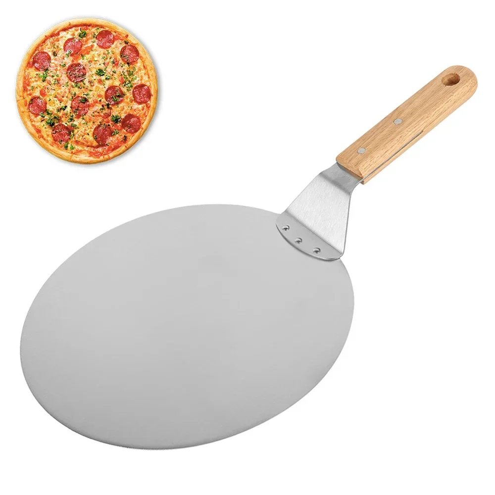 

10/12inch Stainless steel pizza scoop pastry tool with wooden handle, round heat-resistant baking tray kitchen tool
