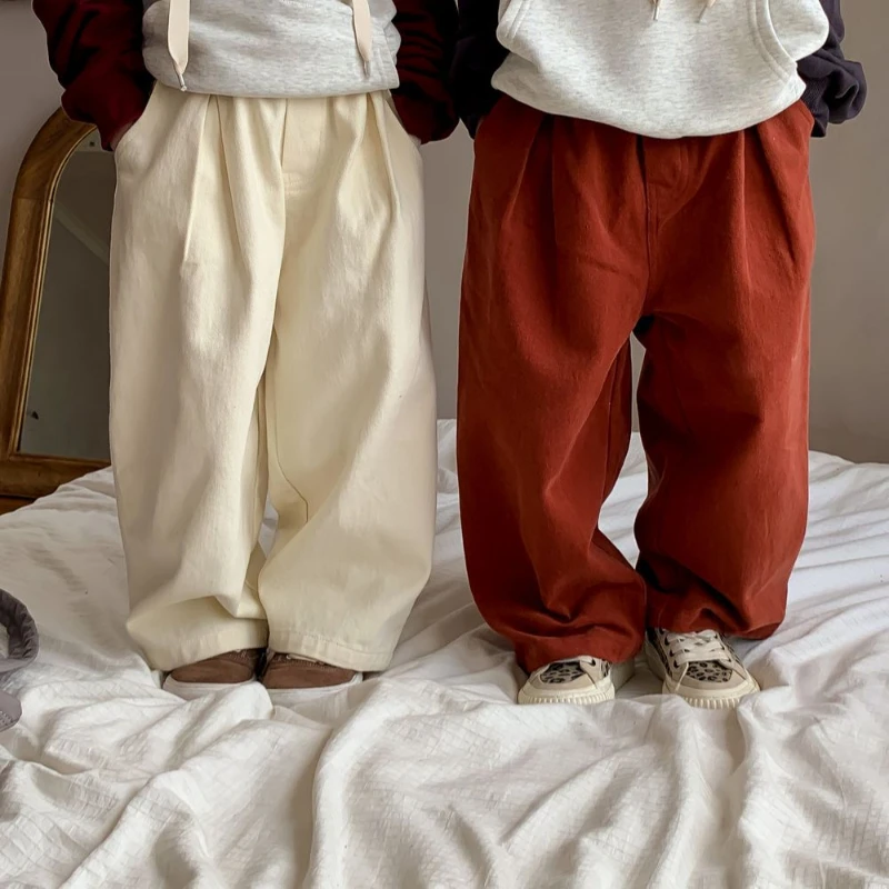 

Children's Cotton Loose Straight Pants Spring Autumn New Boys And Girls Korean Solid Color One-Button Casual Trousers
