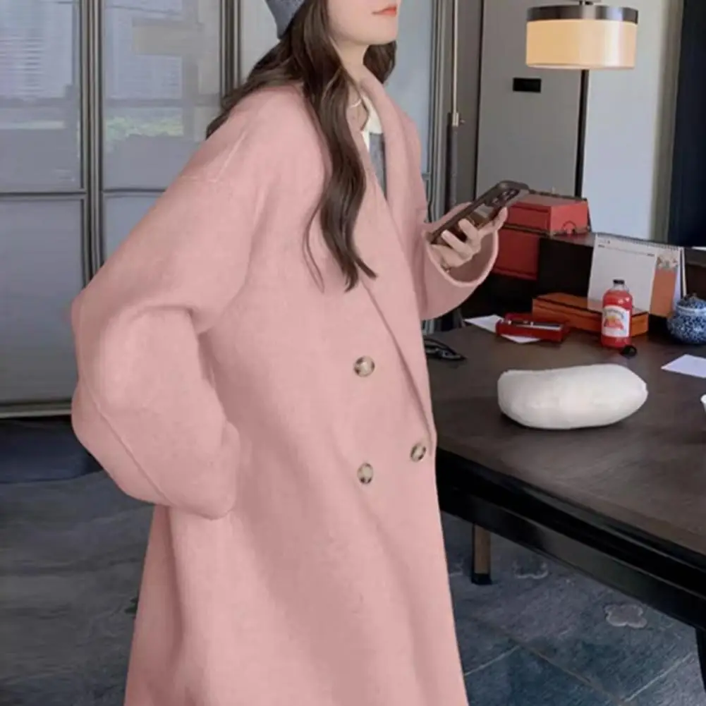 Cozy Long Sleeve Outerwear Stylish Women's Double-breasted Woolen Coat with Turn-down Collar Long Sleeves Loose Fit for Winter