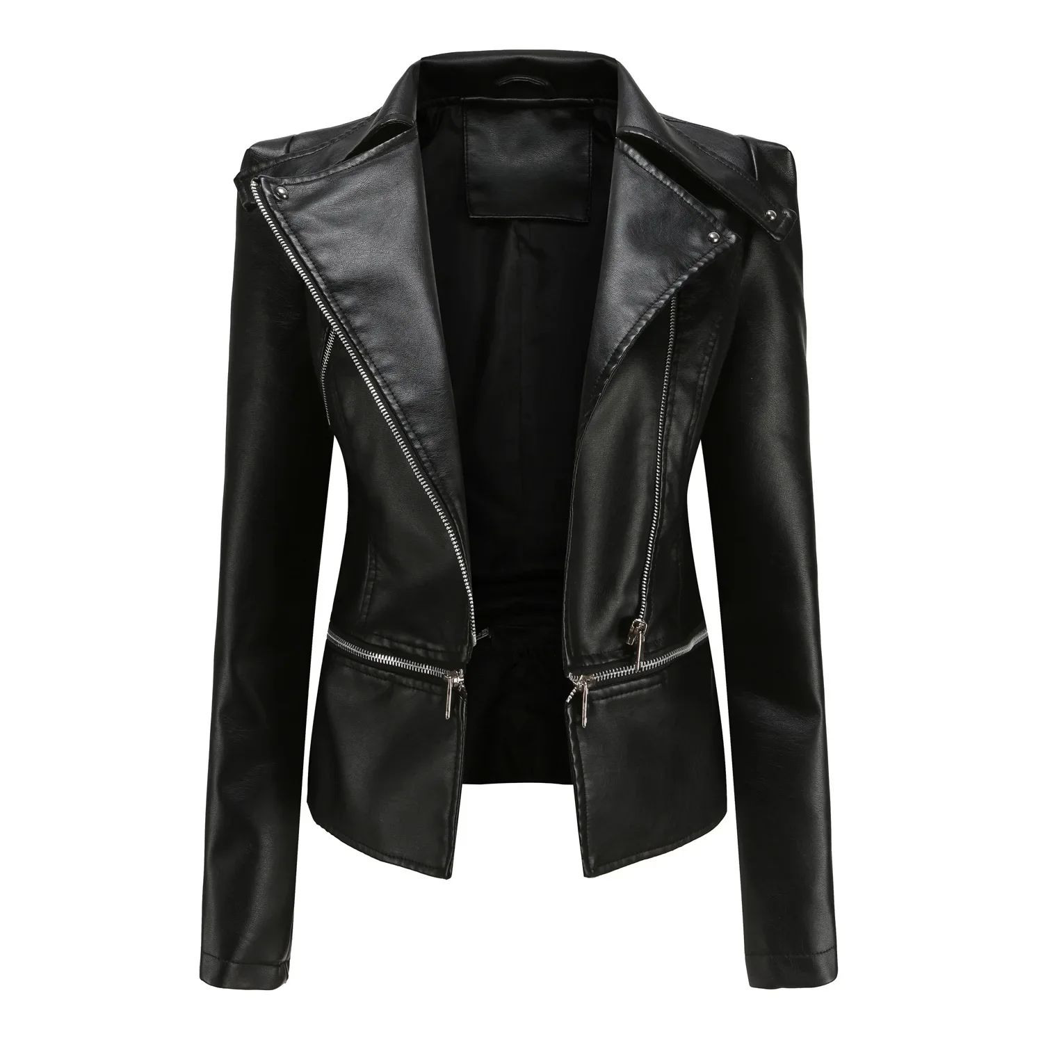 Cappotto da donna in ecopelle colletto rovesciato giacche a maniche lunghe con cerniera cappotti Casual con giuntura giacca corta Sexy Slim Fit
