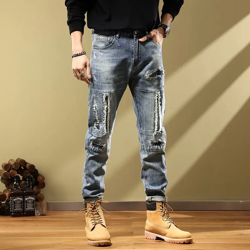 Fashion Embroidery ripped Men's Jeans Handsome Personality Broken Scrap Small Feet Vintage Old style New Autumn Style pants