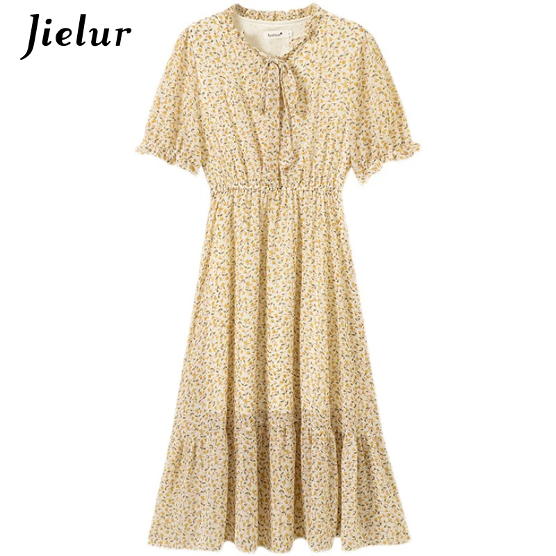 Yellow Short-sleeved Floral Chiffon Womens Dresses Korean Style Fashion Sweet Midi Dresses Women A-line Bow Collar Dress S-XXL