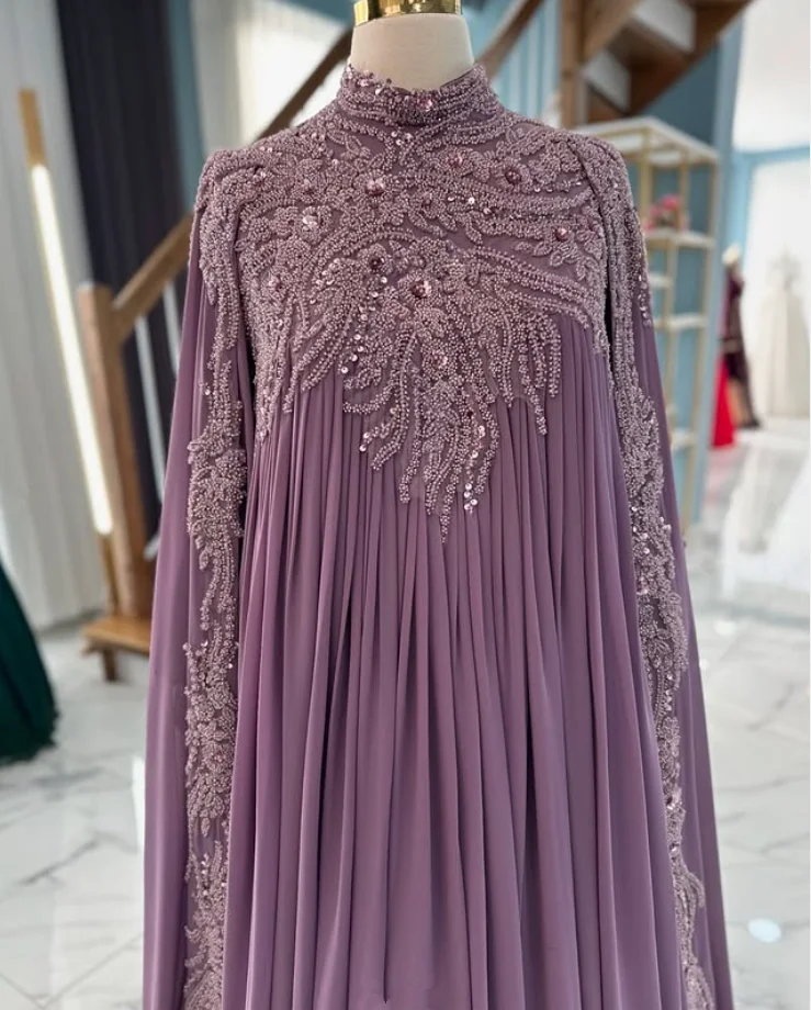 فساتين مناسبة للحفلات الراقصة من قفطان أرجواني مع كيب جيلتر مزين حسب الطلب من قفطان مغربي ملابس مسائية