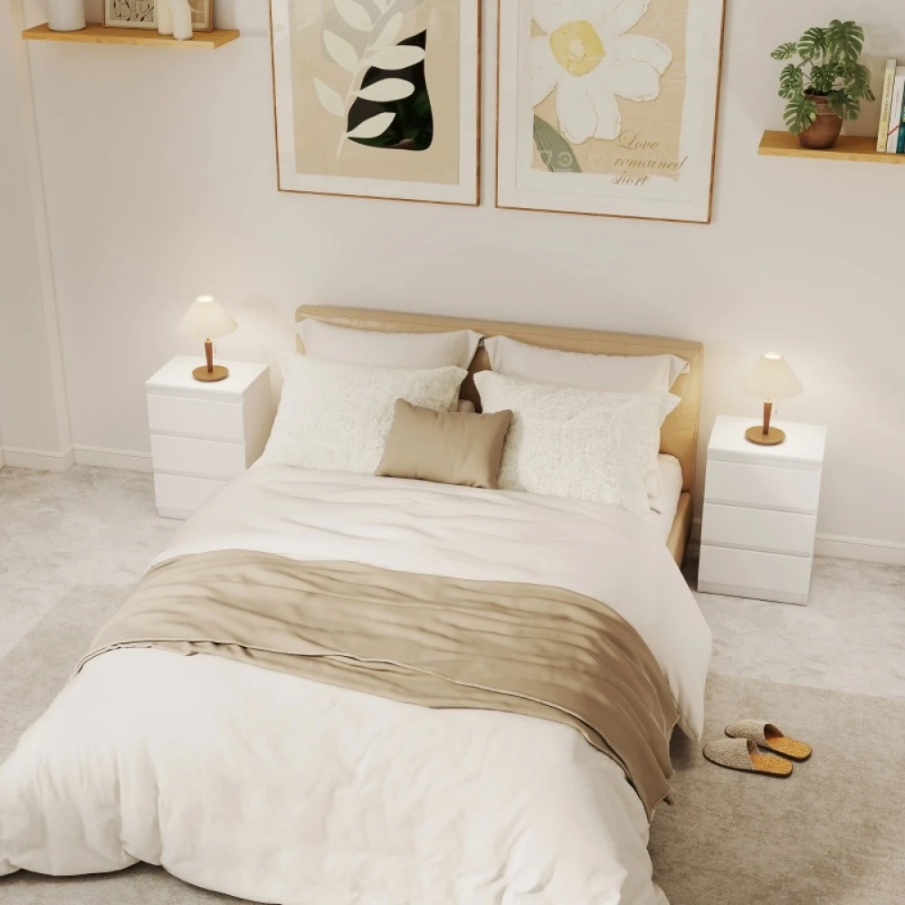 Table de chevet Ye, ensemble de 2 tables d'appoint avec 3 tiroirs, armoire de nuit, commode de nuit pour chambre à coucher, salon, 40 x 30 x 59,5 cm, blanc
