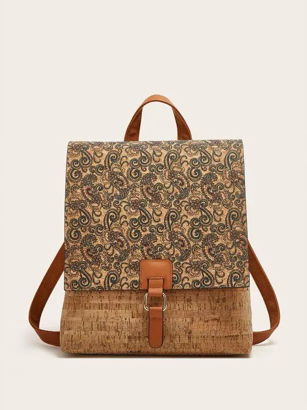 Muli Wind Cork Tree Bark Backpack Women's Large Capacity Double Shoulder Bag Flip Cover Print Casual Wear Resistant PU 