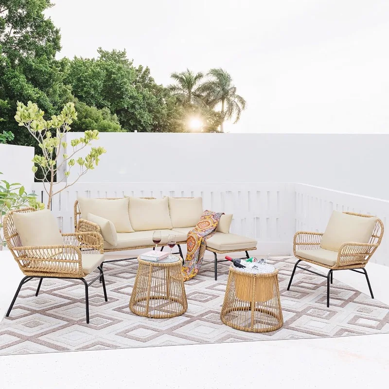 6 Pieces Boho Patio Furniture Sets, Small Outdoor Sectional Sofa Conversation Chair Set with Ice Bucket Table