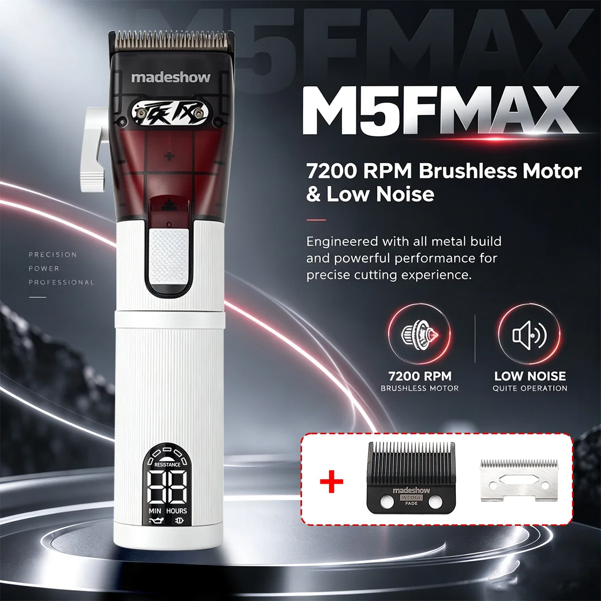 Madeshow M5F MAX Low Noise Electric Hair Clipper Fade Blade Brushless Motor Full Metal LED Display Men's Barber Machine Trimmer