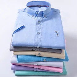 Camisa de manga corta para hombre, Camisa ajustada de Color sólido, bordado informal, Oxford, a la moda, envío directo, novedad de verano